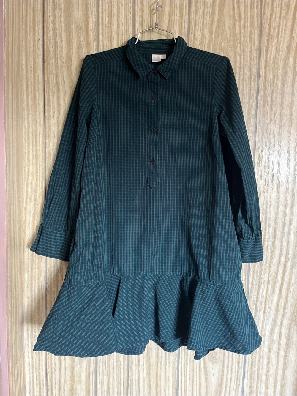 twik Dark Green Striped Long Sleeve Shirt Dress with Ruffle Hem